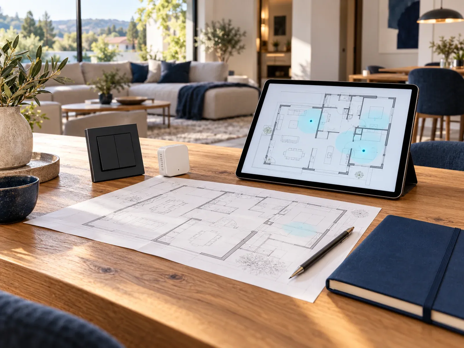 Smart-Home-Planung mit Grundriss, Tablet und Mustern für Schalter und Sensoren