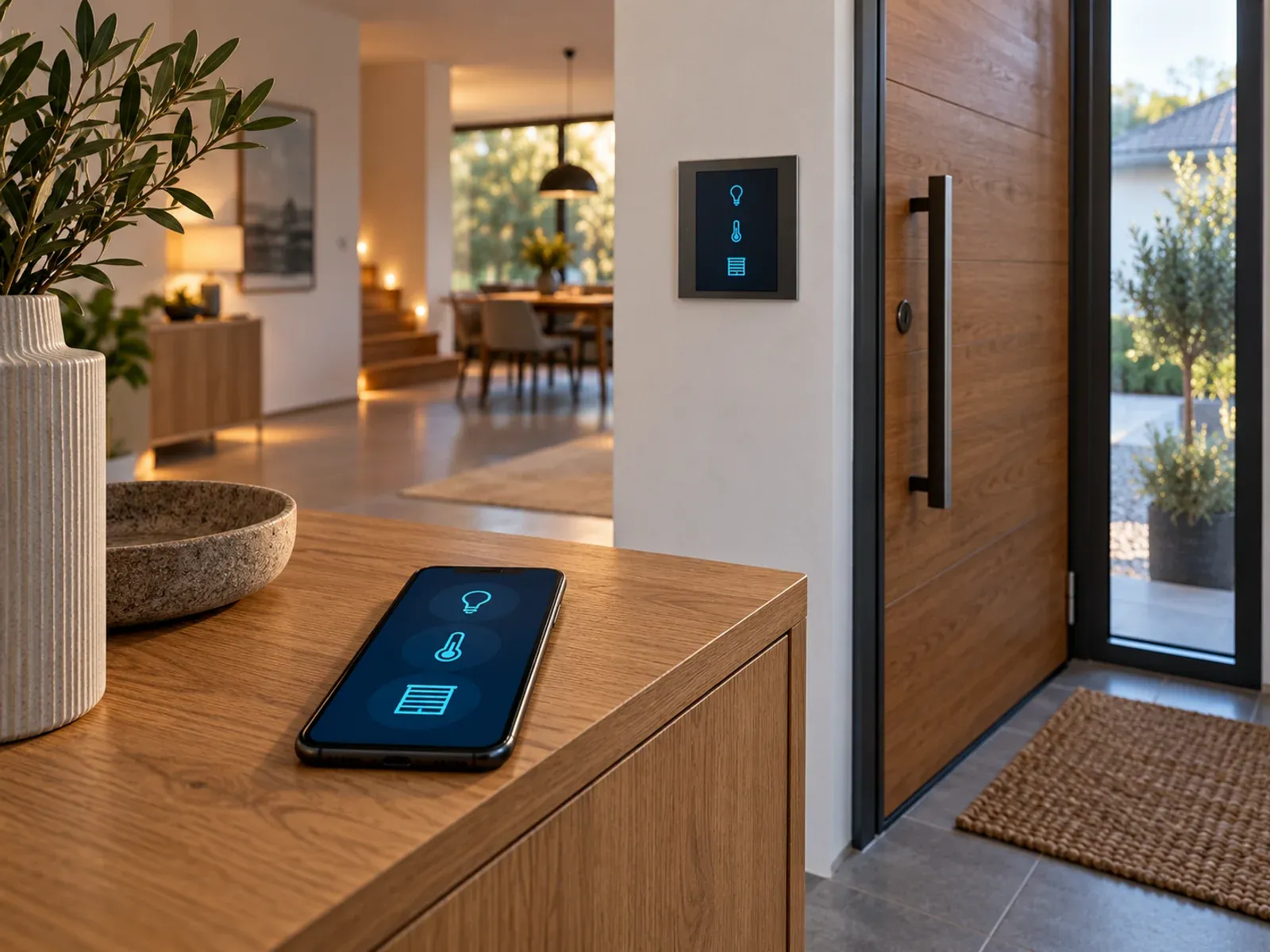 Smartphone mit Smart-Home-Steuerung neben dem Bedienpanel an der Haustür