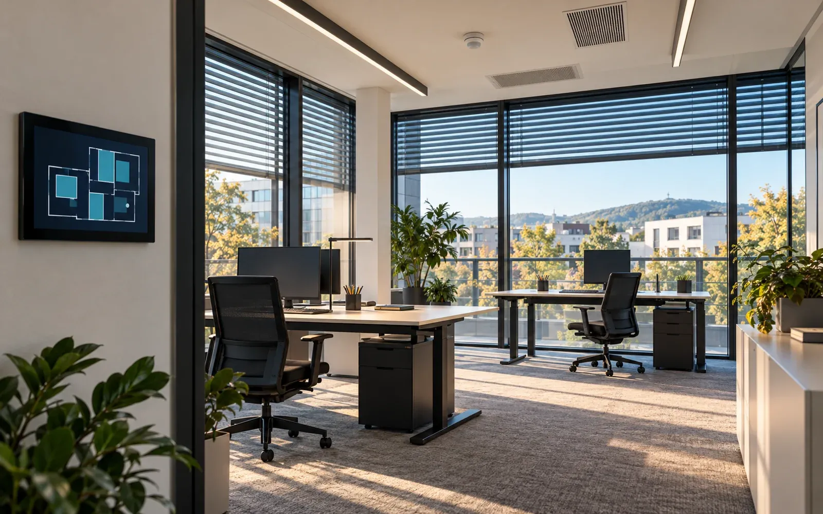 Büro mit zentralem Bedienpanel, automatisierten Jalousien und Präsenzsensor