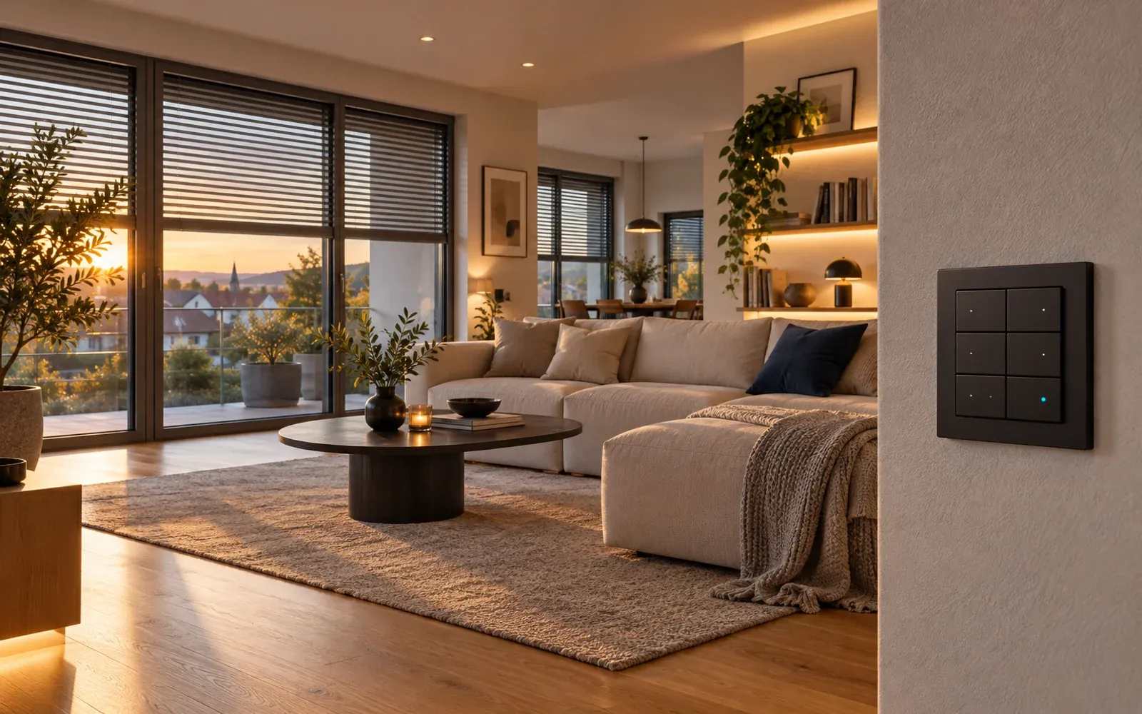 Wohnraum mit automatisierten Jalousien, Lichtsteuerung und Smart-Home-Wandschalter
